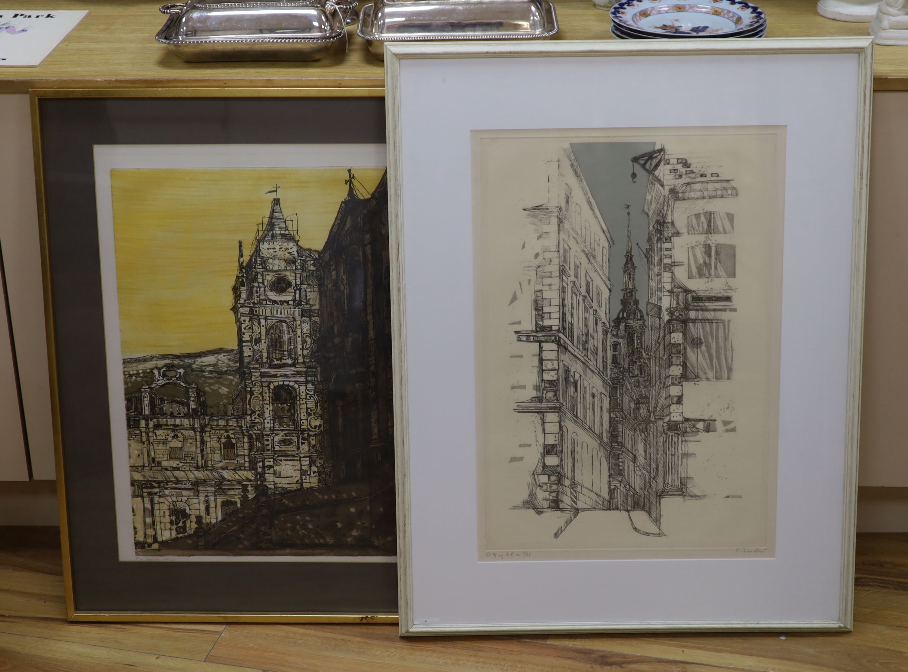 Richard Beer, two limited edition etchings,St Mary Le Bow and Campanile, signed, 32/75 and 61/100, 62 x 41cm and 61 x 44cm